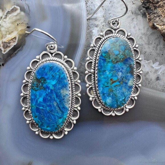 Sterling Silver Southwestern Style Oval Shattuckite Dangle Earrings For Women #1 - Picture 6 of 10